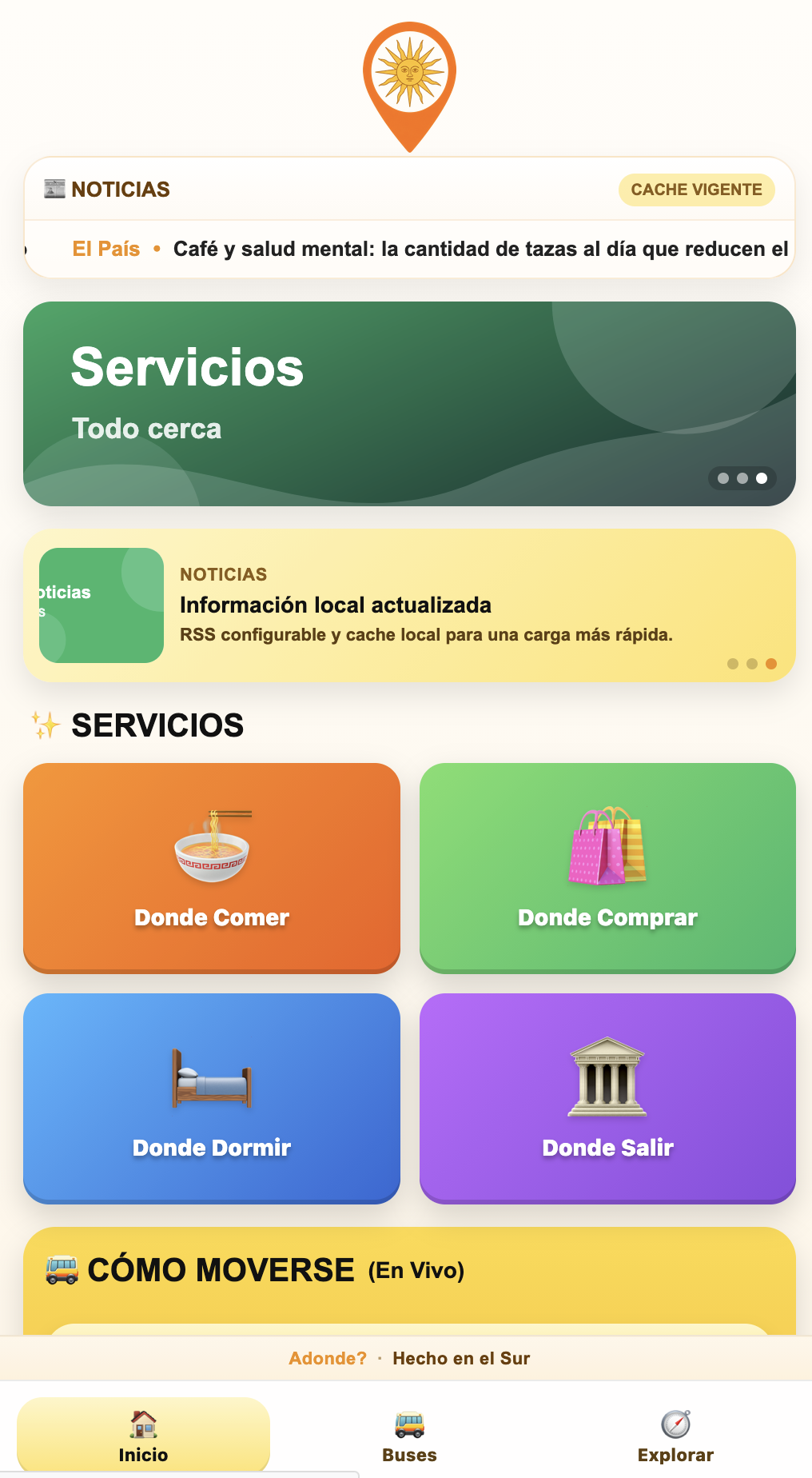 Pantalla de ADONDE? Guía con las categorías Donde Comer, Comprar, Dormir y Salir